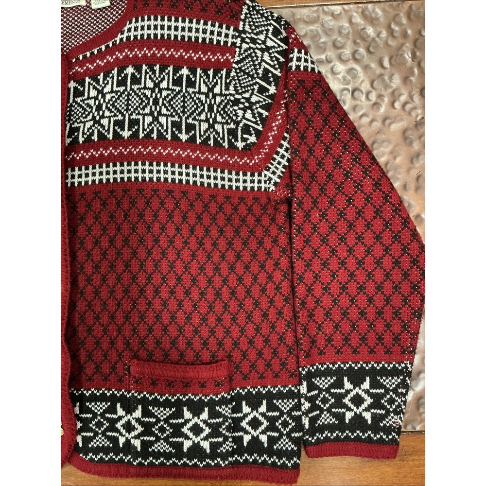Vintage Fair Isle Cardigan Sweater, Large, Burgundy, Snowflakes - Picture 3 of 9